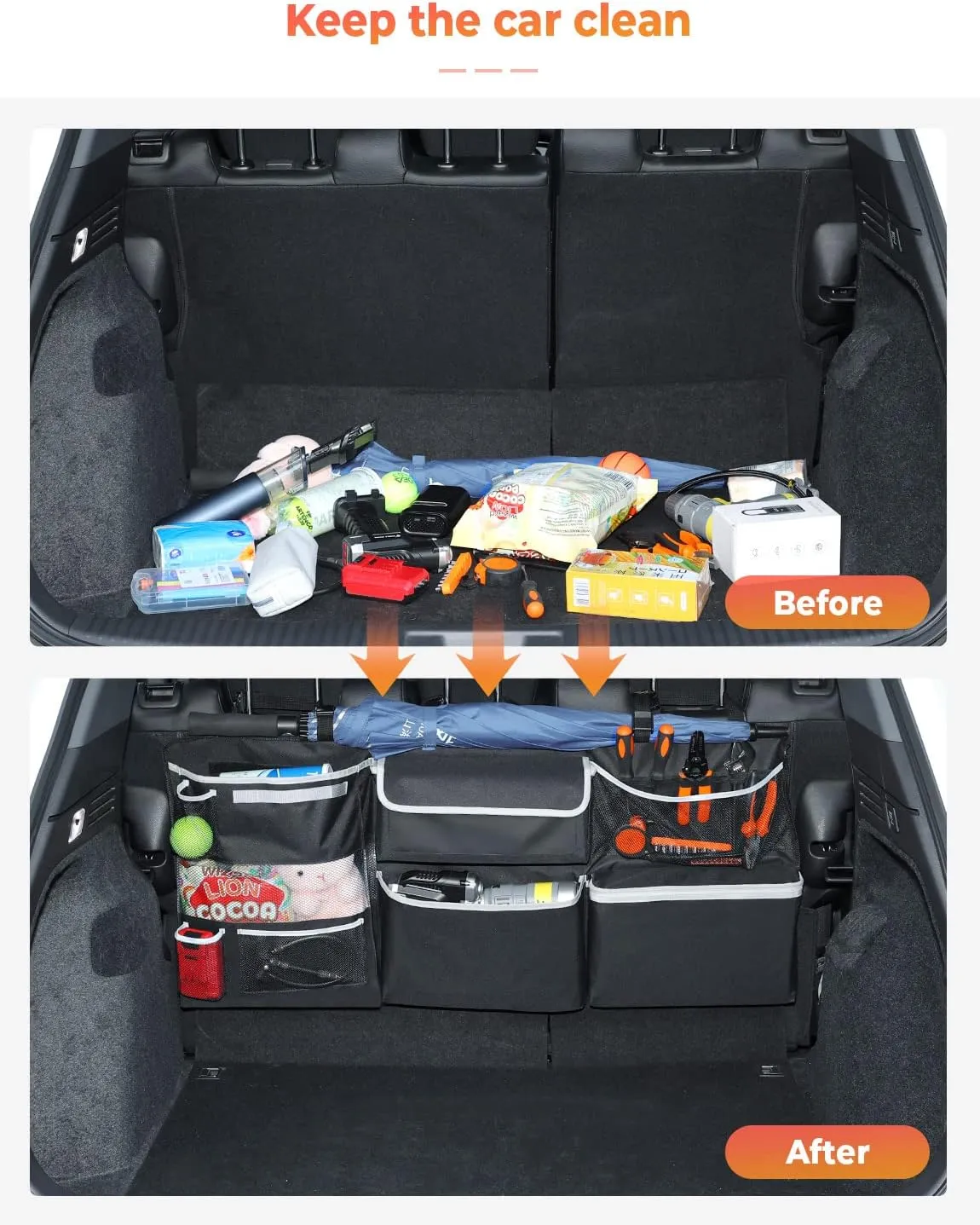 Oasser Car Storage Organizer New Version, Hanging Trunk Organizer with 10 Different Functional Storage Bags for SUV Truck MPV VAN