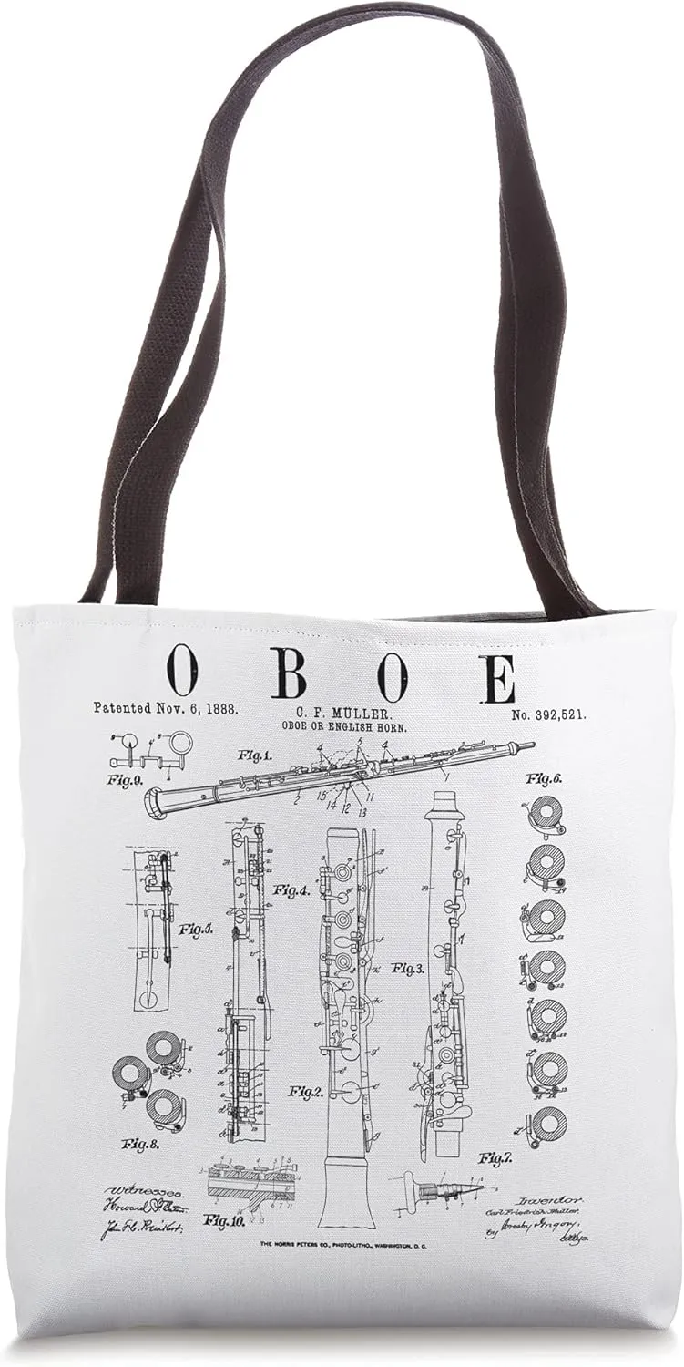 Oboe Vintage Patent Oboist Drawing Print Tote Bag