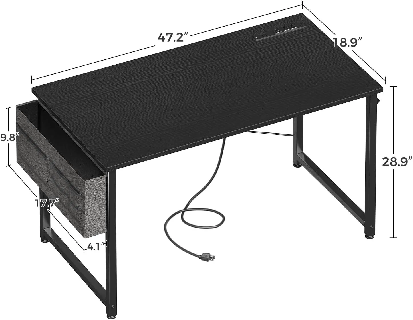 ODK Computer Desk - 48 Inch Office Writing Desk for Home, Student Study Desk with Storage Bag, Headphone Hook & Power Outlets, Modern Simple Table for Bedroom, Black