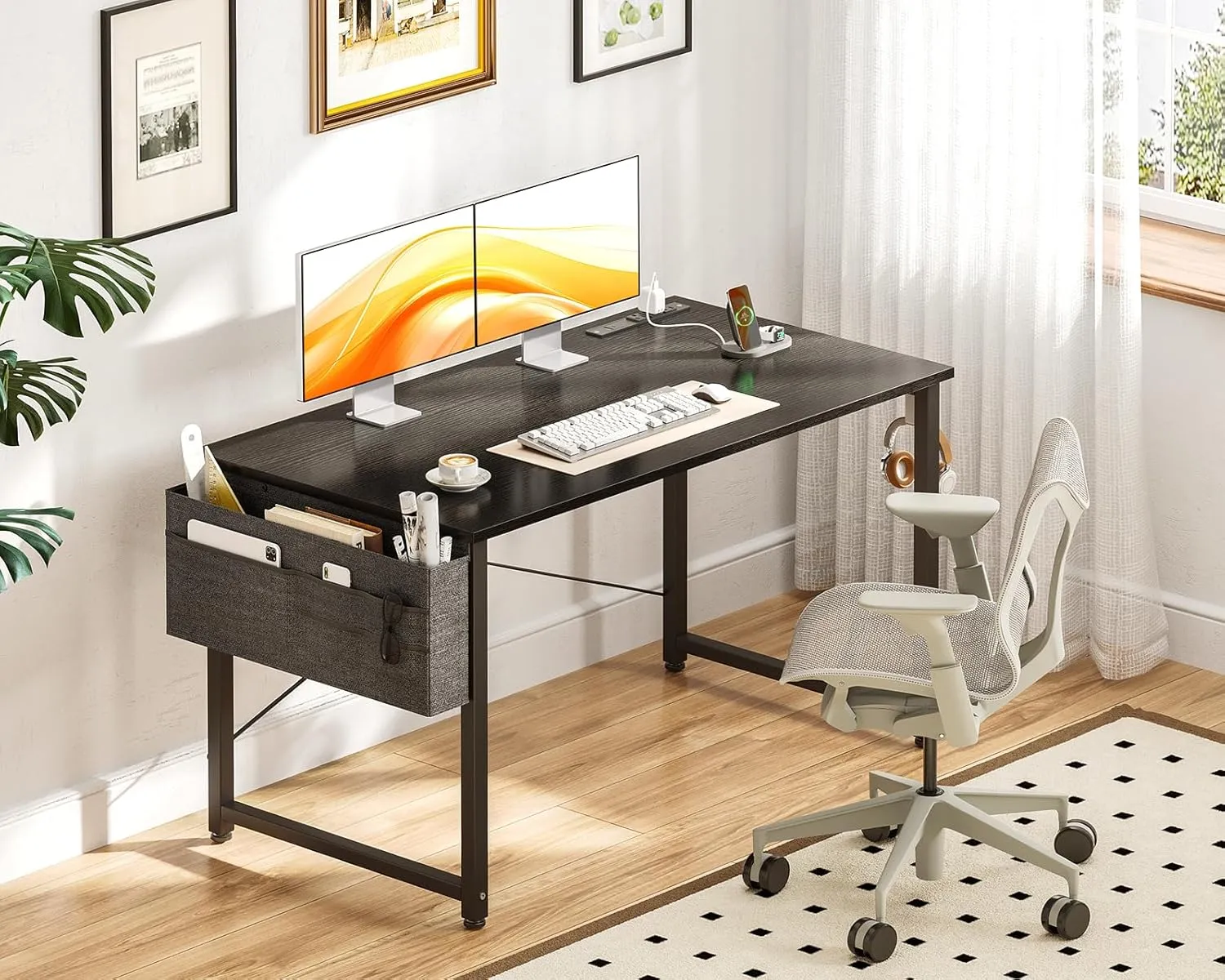 ODK Computer Desk - 48 Inch Office Writing Desk for Home, Student Study Desk with Storage Bag, Headphone Hook & Power Outlets, Modern Simple Table for Bedroom, Black