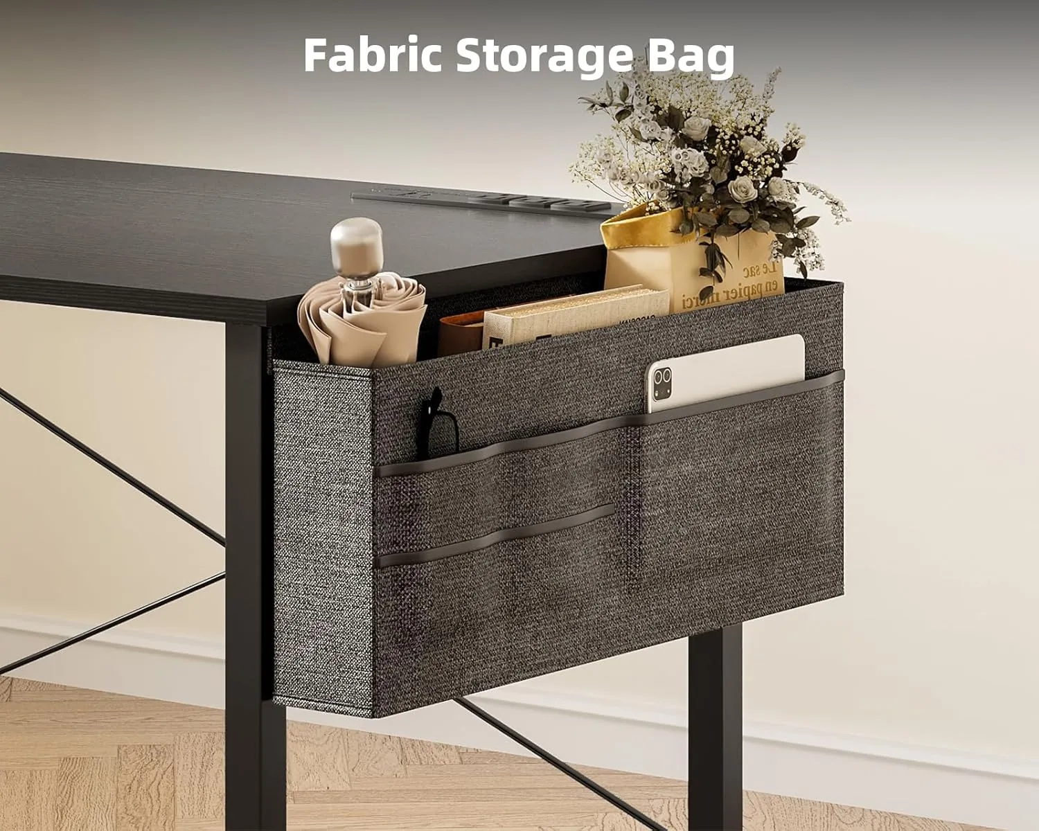 ODK Computer Desk - 48 Inch Office Writing Desk for Home, Student Study Desk with Storage Bag, Headphone Hook & Power Outlets, Modern Simple Table for Bedroom, Black