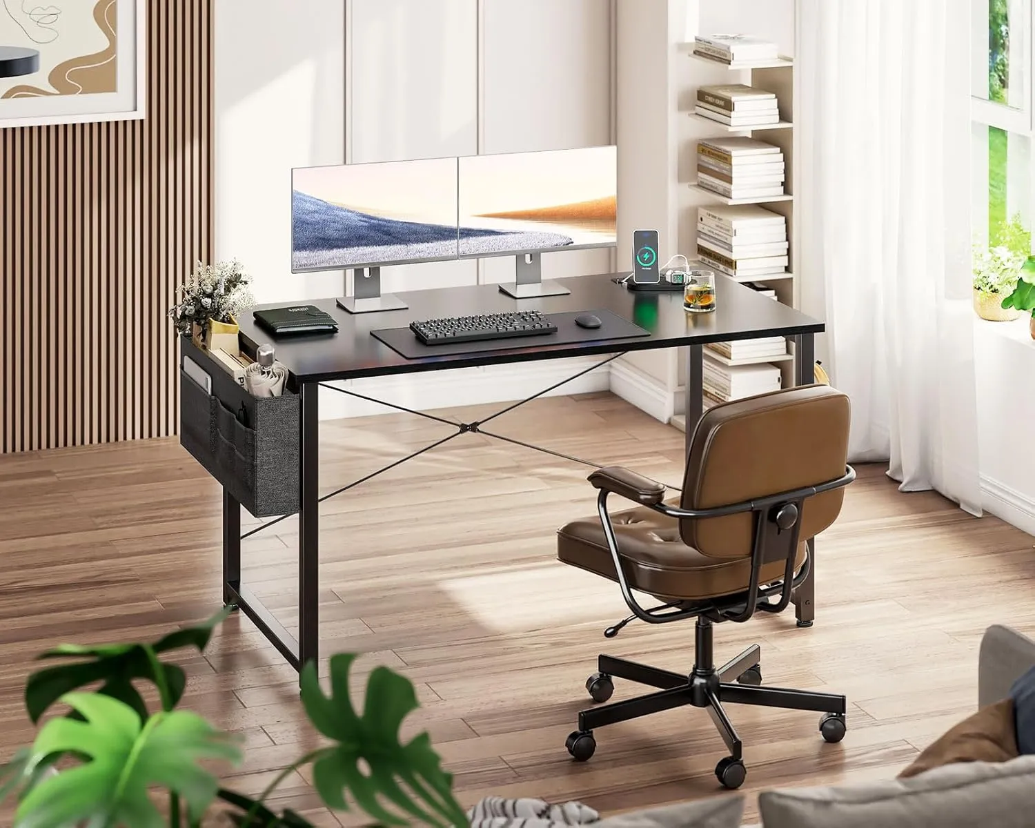 ODK Computer Desk - 48 Inch Office Writing Desk for Home, Student Study Desk with Storage Bag, Headphone Hook & Power Outlets, Modern Simple Table for Bedroom, Black