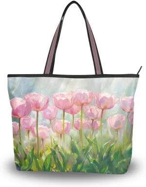Oil Painting Of Pink Tulips Shoulder Bags Large Handle Ladies Handbag