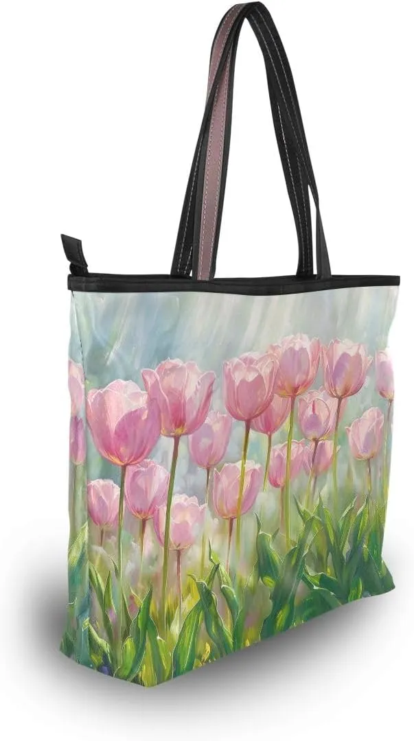 Oil Painting Of Pink Tulips Shoulder Bags Large Handle Ladies Handbag