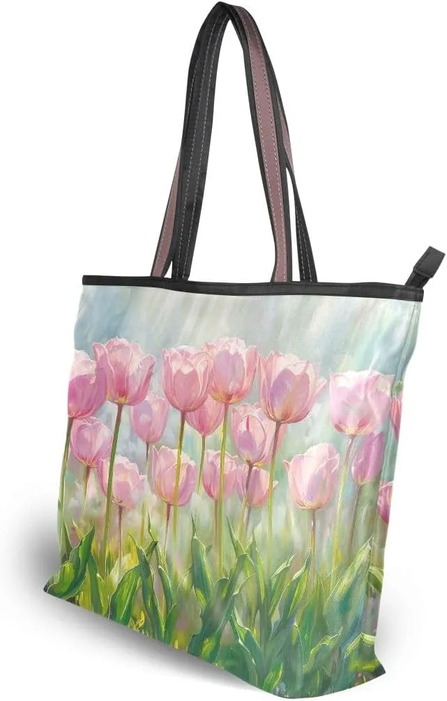 Oil Painting Of Pink Tulips Shoulder Bags Large Handle Ladies Handbag