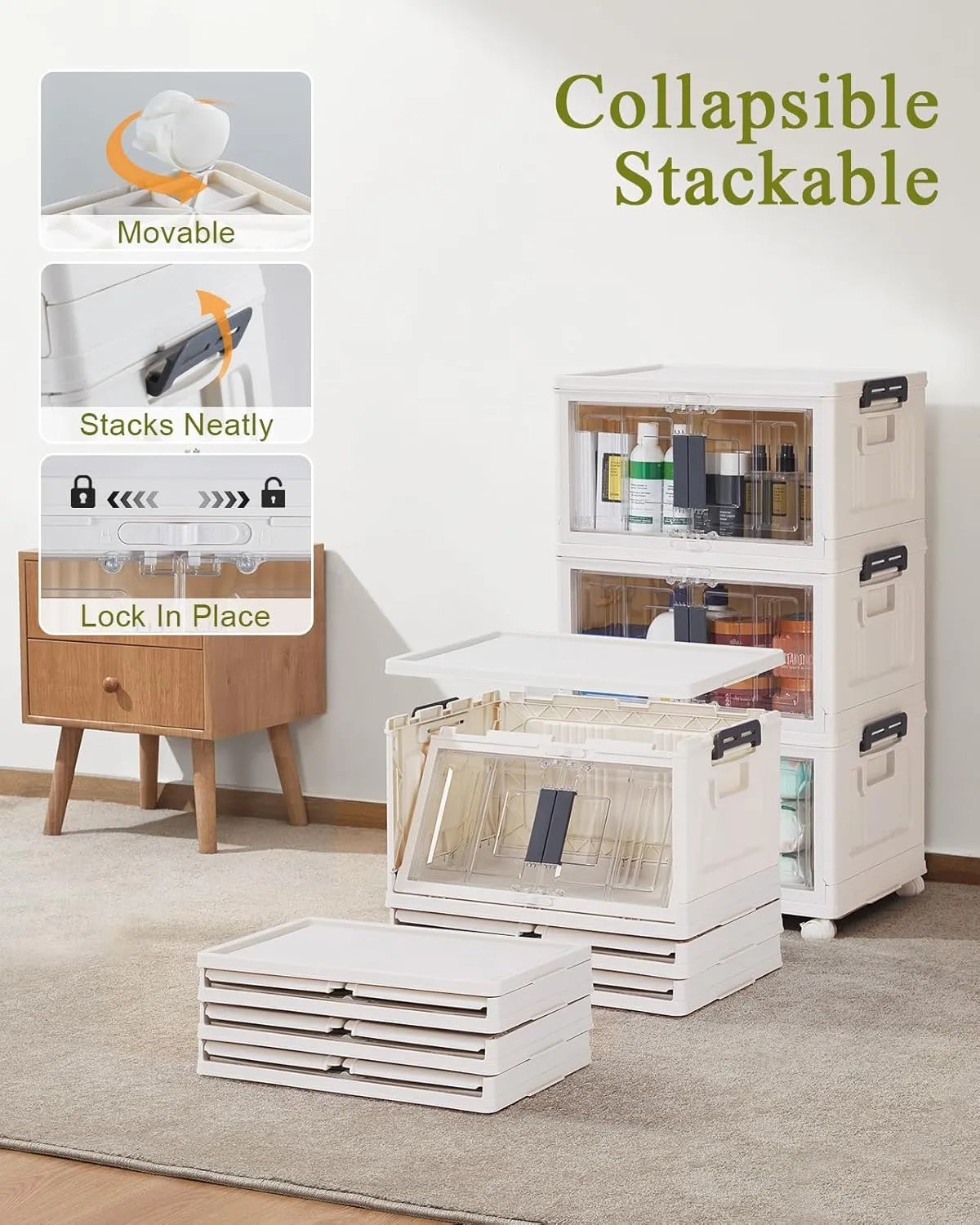 OlarHike 23QT Stackable Storage Bins with Lids- Folding Storage Box with Doors and Wheels, Collapsible Plastic Storage Bins for Closets, Organization and Storage, 3 Pack Cubes (Warm Gray)