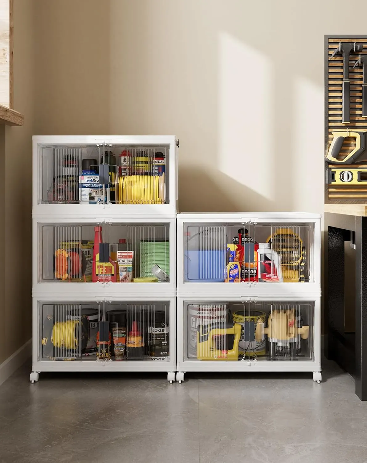 OlarHike 97QT Stackable Storage Bins with Lids - Folding Storage Box with Doors and Wheels, Collapsible Plastic Storage Bins for Closets, Storage Containers, 5 Pack Cubes (Warm Gray)