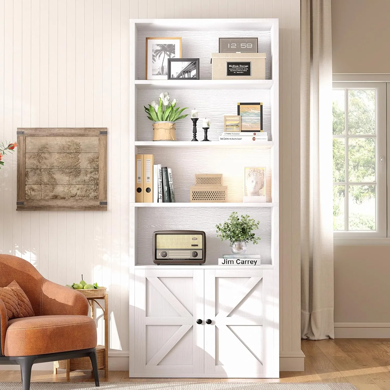 oneinmil 71.5" Tall Bookshelf and Bookcase, 6-Tier Wooden Bookshelves with Cabinet Doors, Floor Bookshelves and Office Storage Cabinets for Home Office, Living Room (White 1 Pack, 6-Tier)