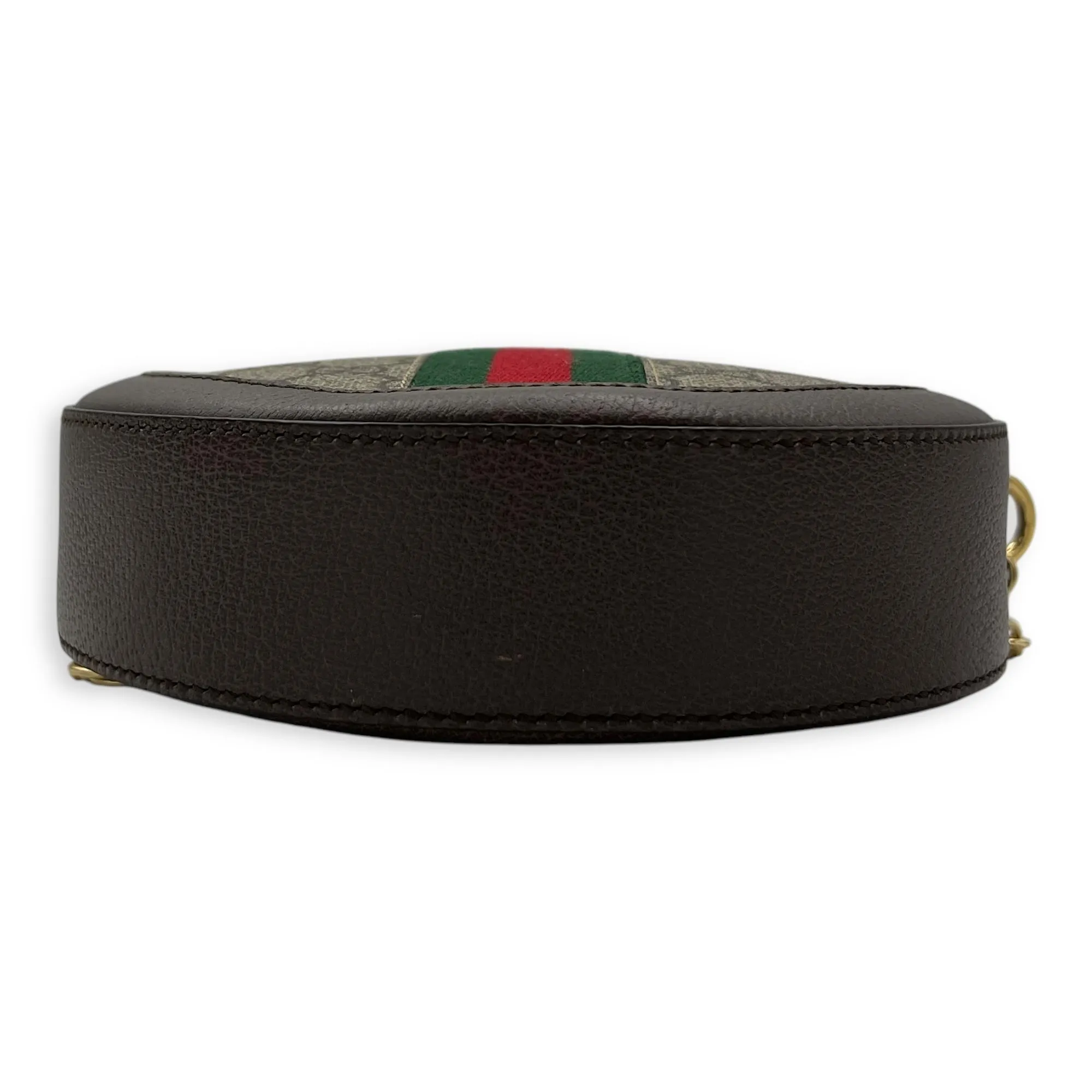Ophidia Round Brown Crossbody Bag in Monogram Coated Canvas, Gold hardware