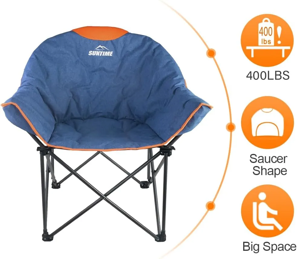 OUTDOOR LIVING SUNTIME Oversized Padded Camping Chair,Portable Comfy Outdoor Folding Moon Round Saucer Chairs for Adults with Holder and Carry Bag, Perfect for Hiking Lawn Patio Sports（Denim 2 Pack）