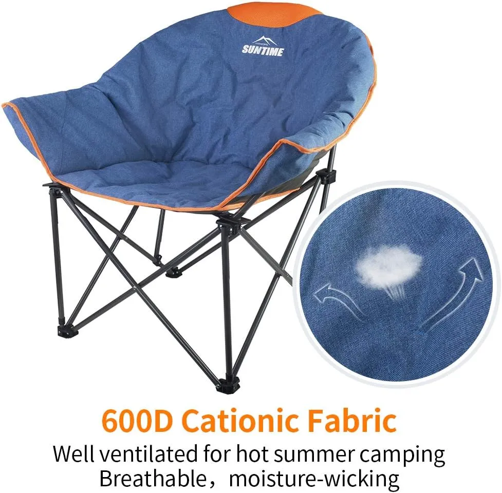 OUTDOOR LIVING SUNTIME Oversized Padded Camping Chair,Portable Comfy Outdoor Folding Moon Round Saucer Chairs for Adults with Holder and Carry Bag, Perfect for Hiking Lawn Patio Sports（Denim 2 Pack）