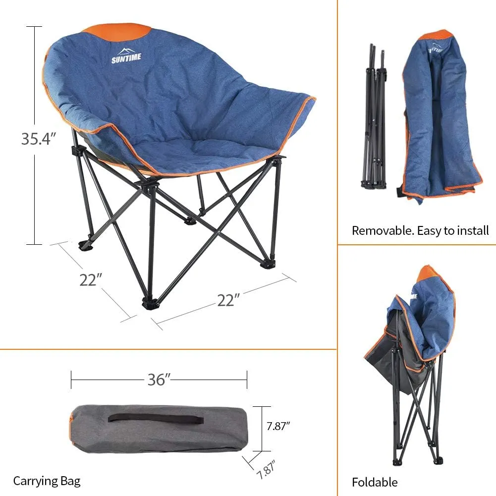 OUTDOOR LIVING SUNTIME Oversized Padded Camping Chair,Portable Comfy Outdoor Folding Moon Round Saucer Chairs for Adults with Holder and Carry Bag, Perfect for Hiking Lawn Patio Sports（Denim 2 Pack）