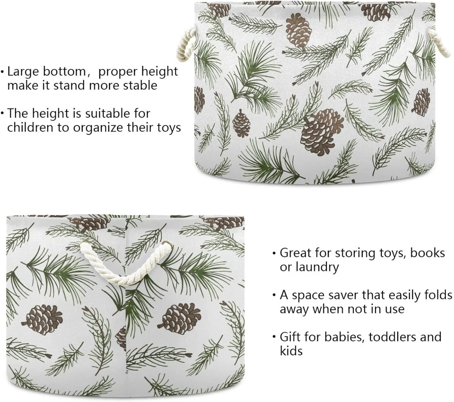 Oyihfvs Christmas Tree Green Branches, Pine Cone Fir, Spruce Round Storage Basket Waterproof Print Collapsible Fabric Cube with Cotton Rope Handles Laundry Bag Organizer Toys Clothes for Room