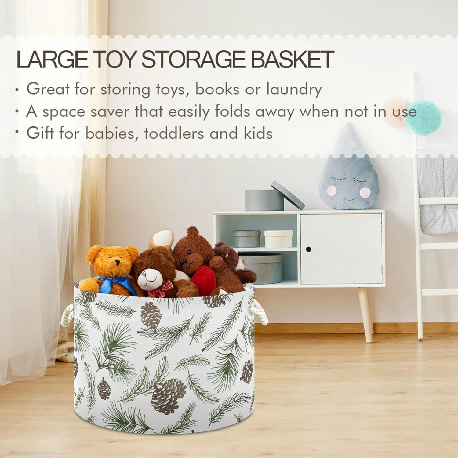 Oyihfvs Christmas Tree Green Branches, Pine Cone Fir, Spruce Round Storage Basket Waterproof Print Collapsible Fabric Cube with Cotton Rope Handles Laundry Bag Organizer Toys Clothes for Room