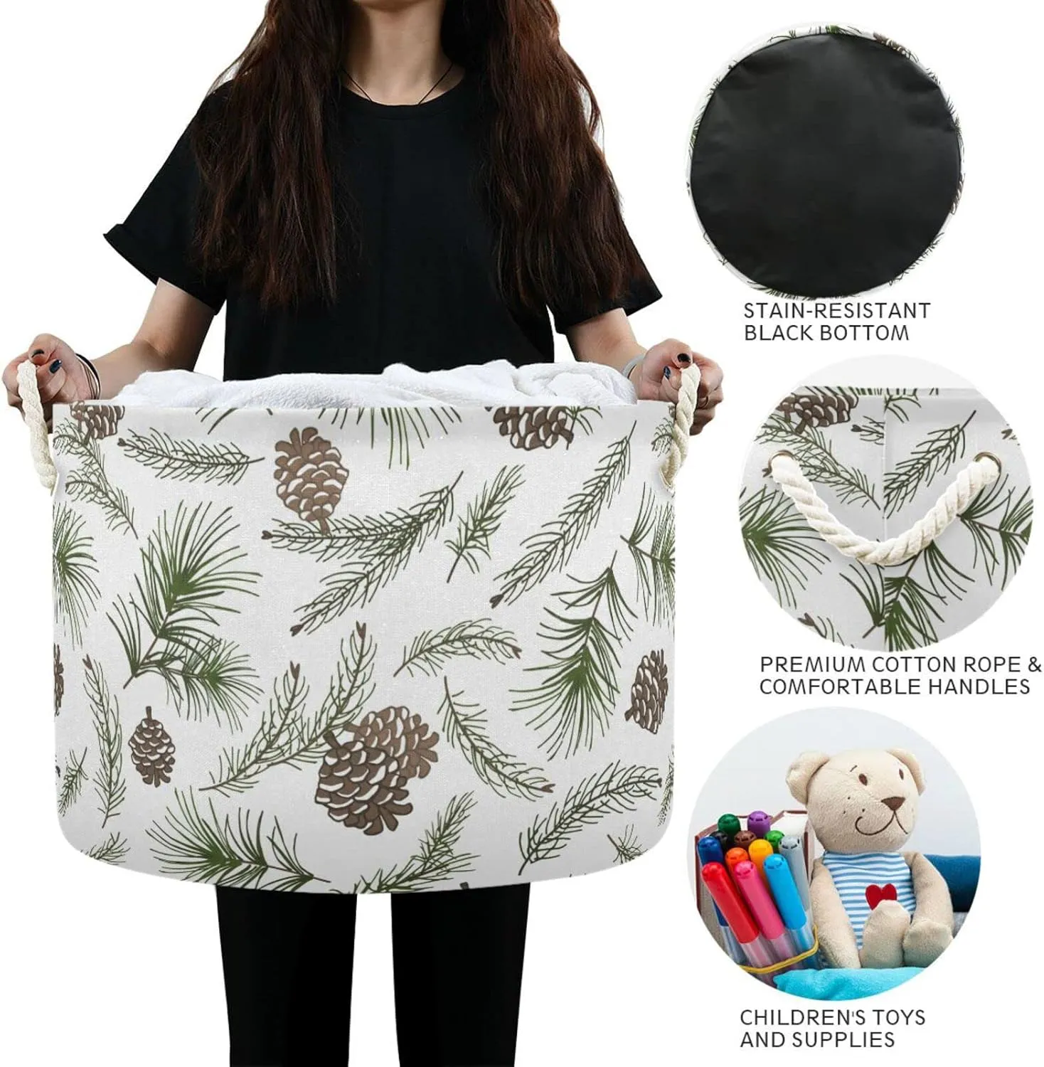 Oyihfvs Christmas Tree Green Branches, Pine Cone Fir, Spruce Round Storage Basket Waterproof Print Collapsible Fabric Cube with Cotton Rope Handles Laundry Bag Organizer Toys Clothes for Room