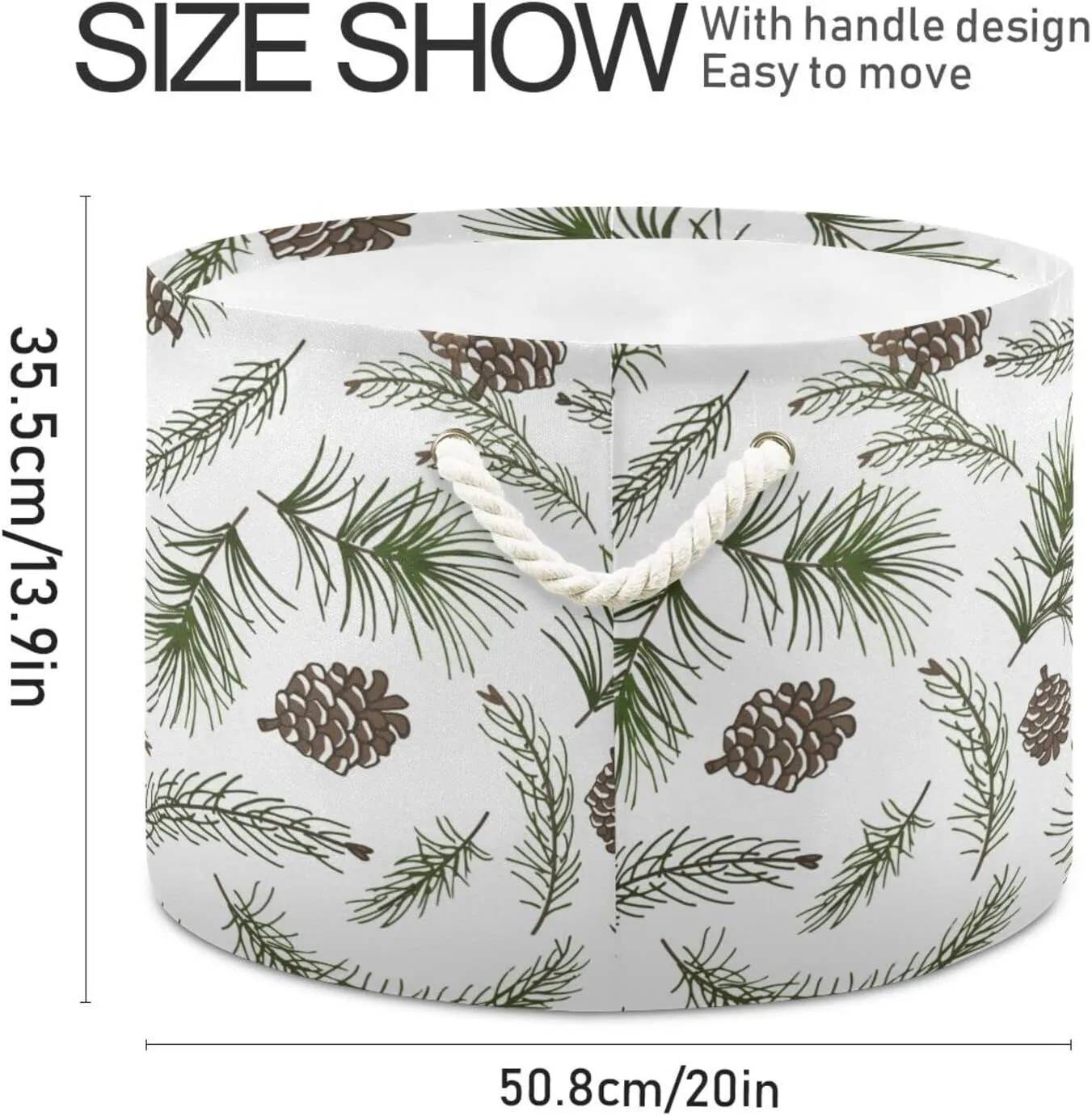 Oyihfvs Christmas Tree Green Branches, Pine Cone Fir, Spruce Round Storage Basket Waterproof Print Collapsible Fabric Cube with Cotton Rope Handles Laundry Bag Organizer Toys Clothes for Room