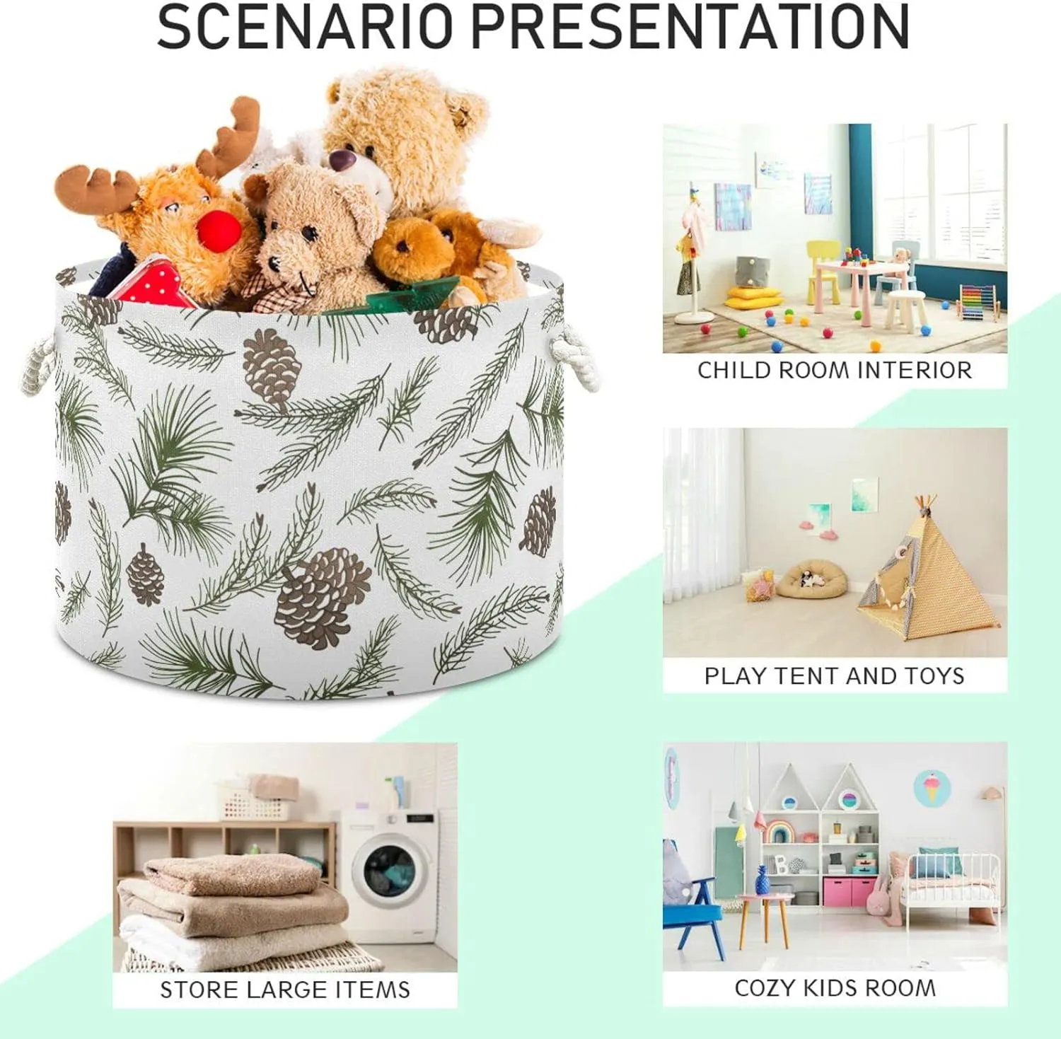 Oyihfvs Christmas Tree Green Branches, Pine Cone Fir, Spruce Round Storage Basket Waterproof Print Collapsible Fabric Cube with Cotton Rope Handles Laundry Bag Organizer Toys Clothes for Room