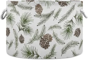 Oyihfvs Christmas Tree Green Branches, Pine Cone Fir, Spruce Round Storage Basket Waterproof Print Collapsible Fabric Cube with Cotton Rope Handles Laundry Bag Organizer Toys Clothes for Room