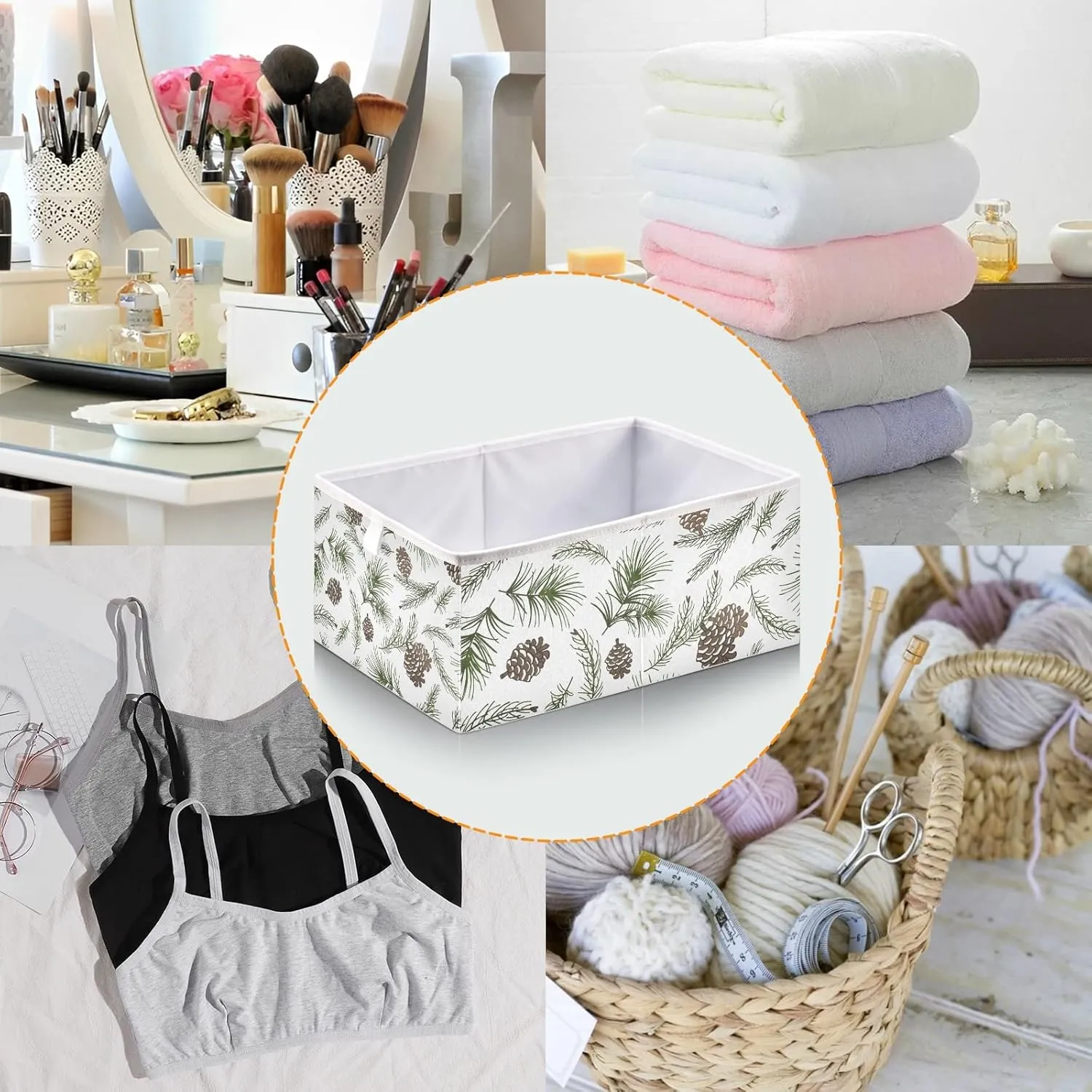 Oyihfvs Christmas Tree Green Branches, Pine Cone Fir, Spruce Square Foldable Cube Storage Basket Collapsible Fabric with Handles Bag Organizer Clothes for Home Bedroom 11 x 11 x 11 in