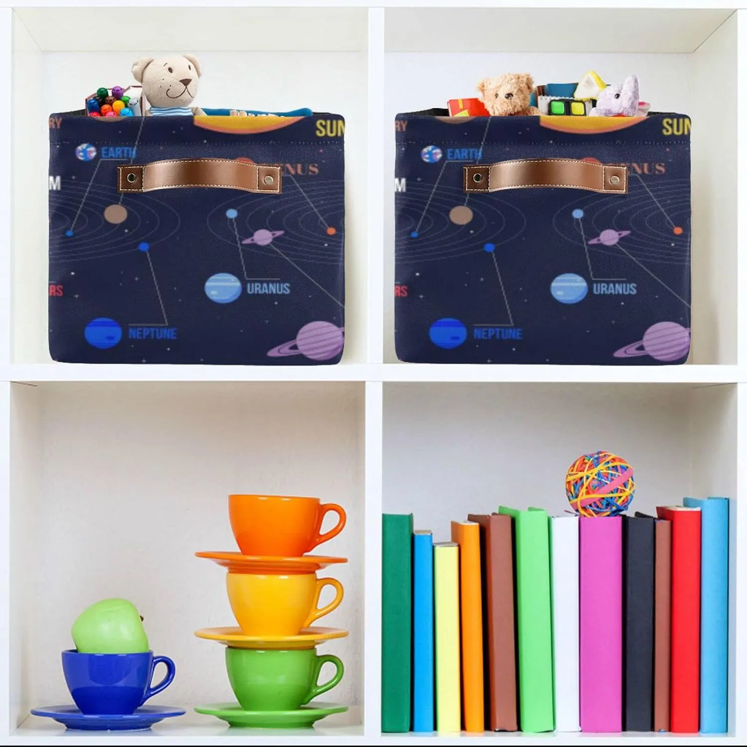 Oyihfvs Galaxy Space Seamless Colorful Planets Stars Comets on Black 1 PC Rectangle Storage Basket Collapsible Fabric with Leather Handles Bag Organizer Clothes for Home Bedroom 15 x 11 x 9.5 in