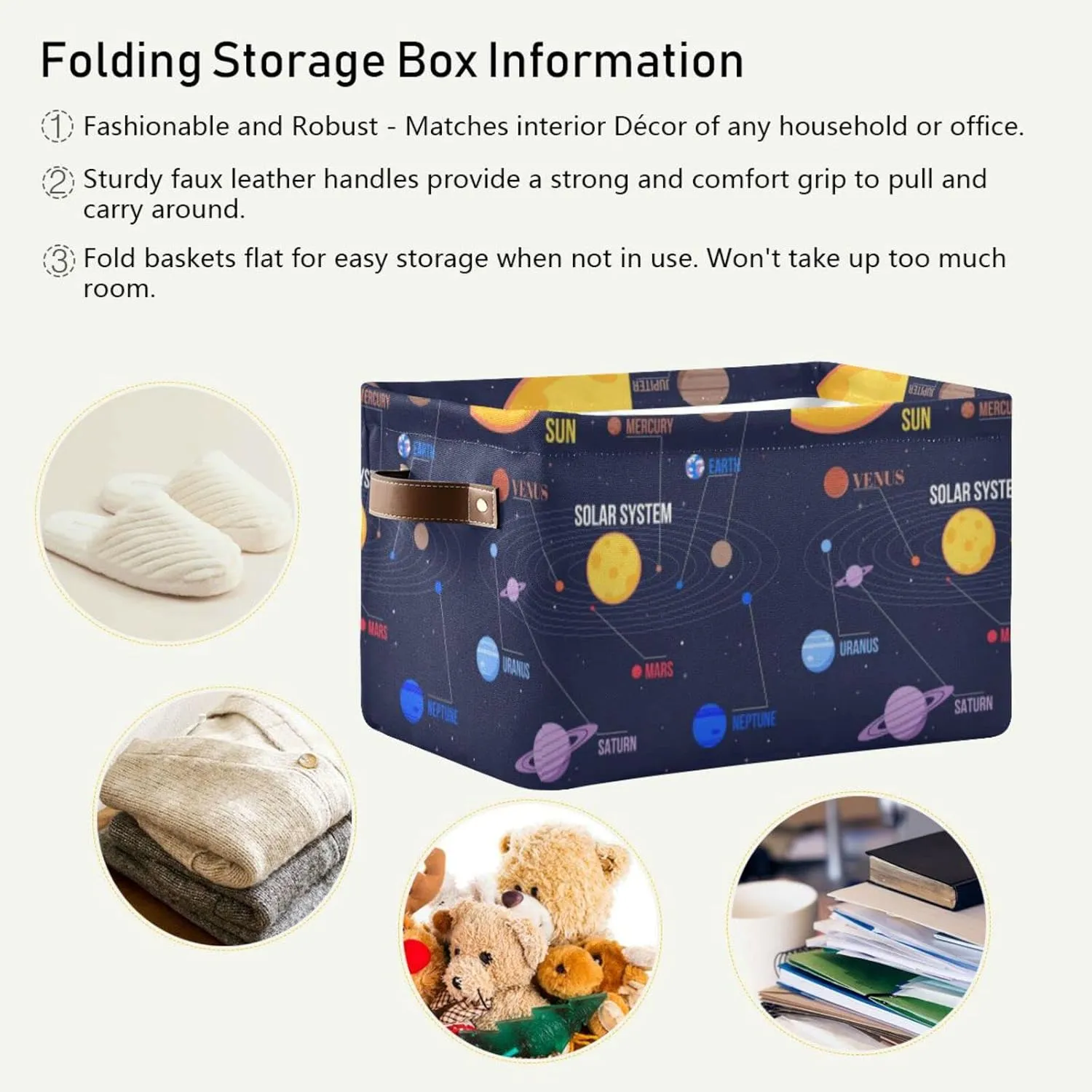 Oyihfvs Galaxy Space Seamless Colorful Planets Stars Comets on Black 1 PC Rectangle Storage Basket Collapsible Fabric with Leather Handles Bag Organizer Clothes for Home Bedroom 15 x 11 x 9.5 in