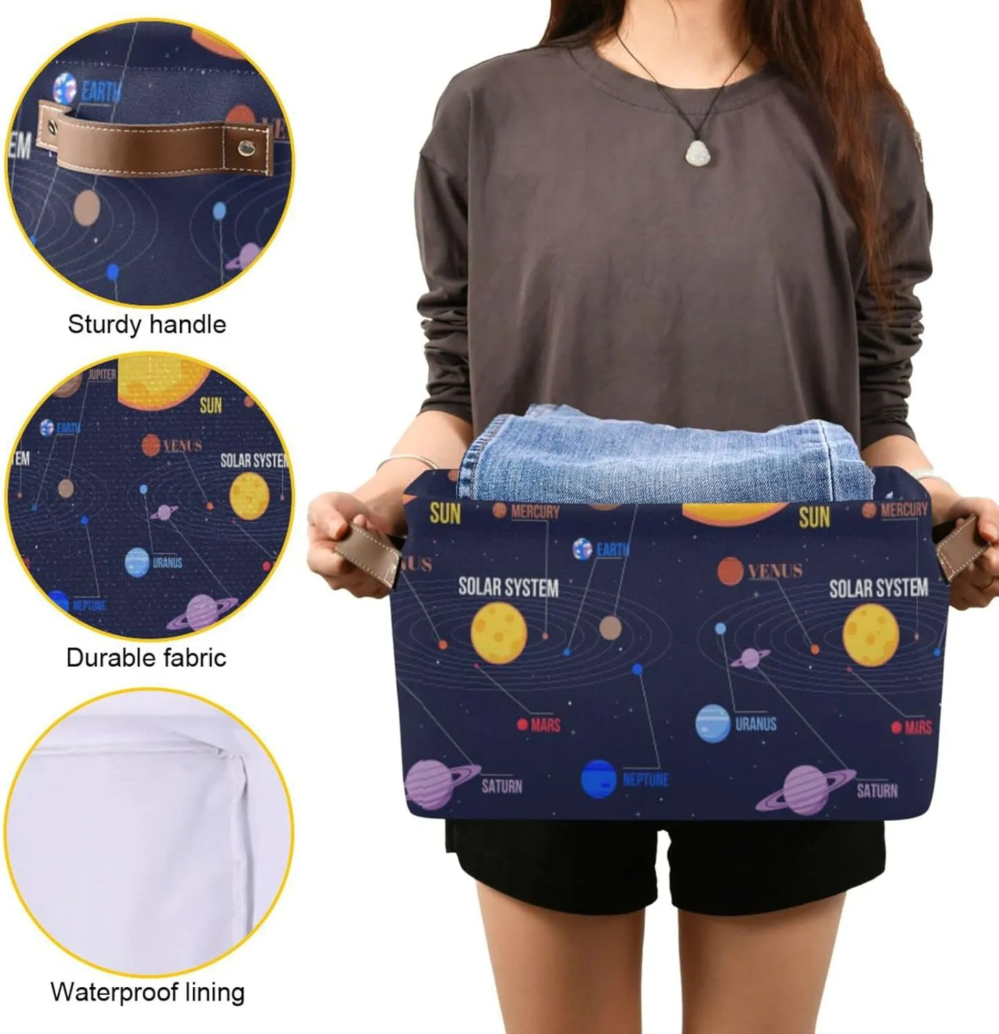 Oyihfvs Galaxy Space Seamless Colorful Planets Stars Comets on Black 1 PC Rectangle Storage Basket Collapsible Fabric with Leather Handles Bag Organizer Clothes for Home Bedroom 15 x 11 x 9.5 in
