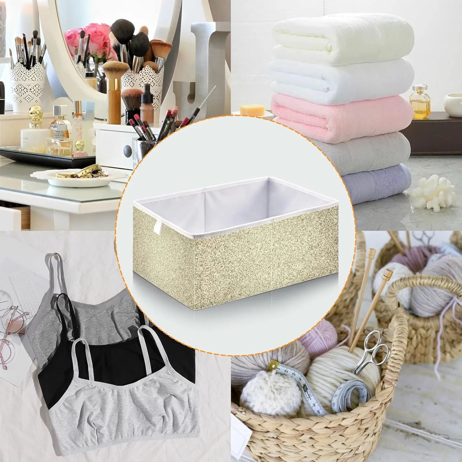 Oyihfvs Gold Golden Glitter and Glare Pattern Square Foldable Cube Storage Basket Collapsible Fabric with Handles Bag Organizer Clothes for Home Bedroom 11 x 11 x 11 in