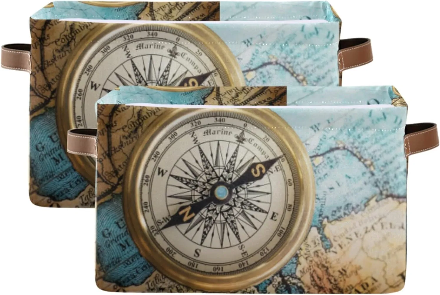 Oyihfvs Old Retro Compass on Old Map Travel Geography Navigation 2 PC Rectangle Storage Basket Collapsible Fabric with Leather Handles Bag Organizer Clothes for Home Bedroom 15 x 11 x 9.5 in