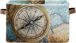Oyihfvs Old Retro Compass on Old Map Travel Geography Navigation 2 PC Rectangle Storage Basket Collapsible Fabric with Leather Handles Bag Organizer Clothes for Home Bedroom 15 x 11 x 9.5 in