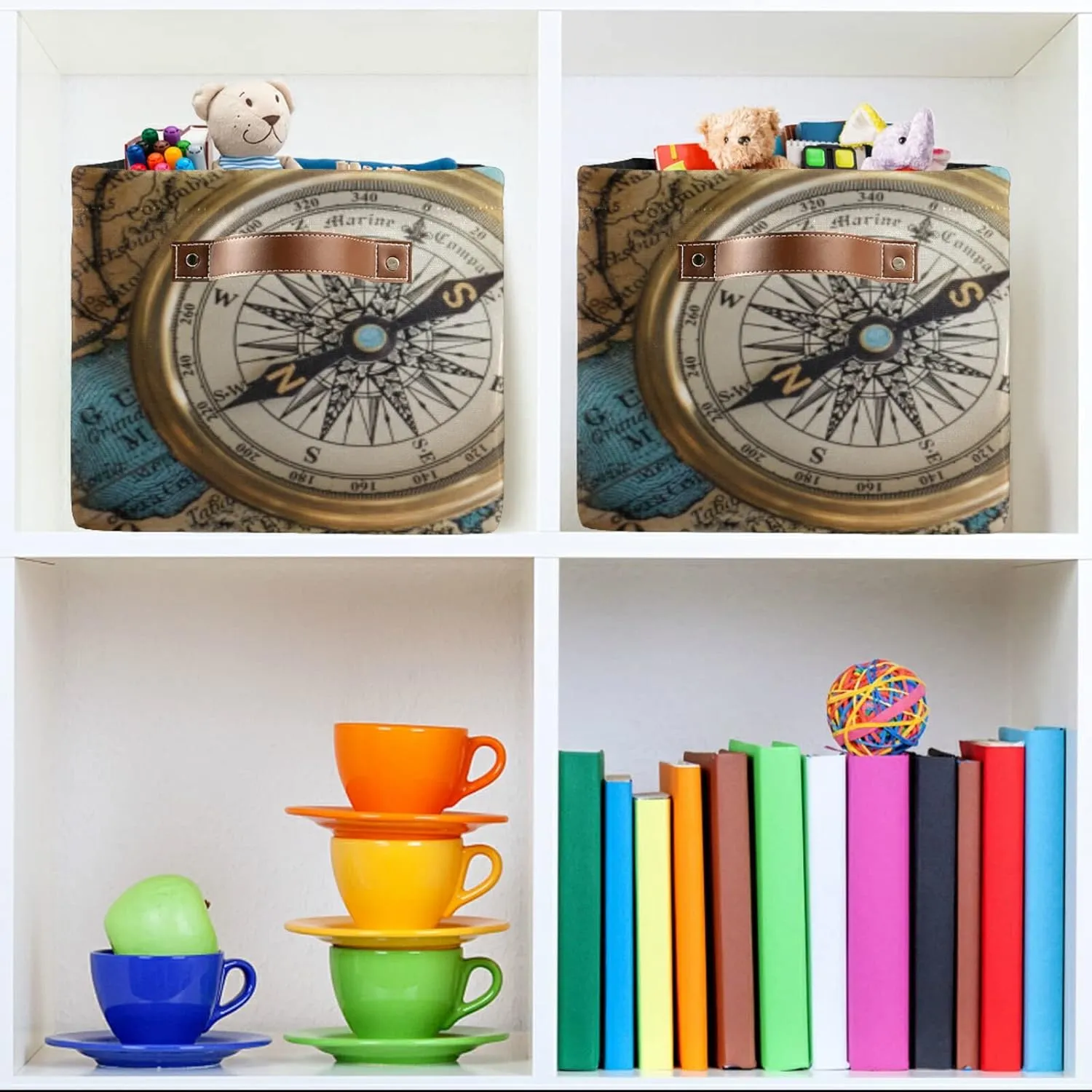 Oyihfvs Old Retro Compass on Old Map Travel Geography Navigation 2 PC Rectangle Storage Basket Collapsible Fabric with Leather Handles Bag Organizer Clothes for Home Bedroom 15 x 11 x 9.5 in