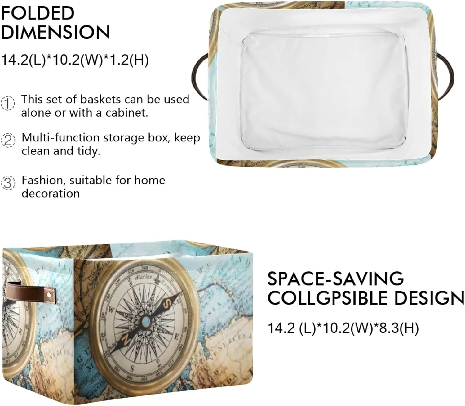 Oyihfvs Old Retro Compass on Old Map Travel Geography Navigation 2 PC Rectangle Storage Basket Collapsible Fabric with Leather Handles Bag Organizer Clothes for Home Bedroom 15 x 11 x 9.5 in