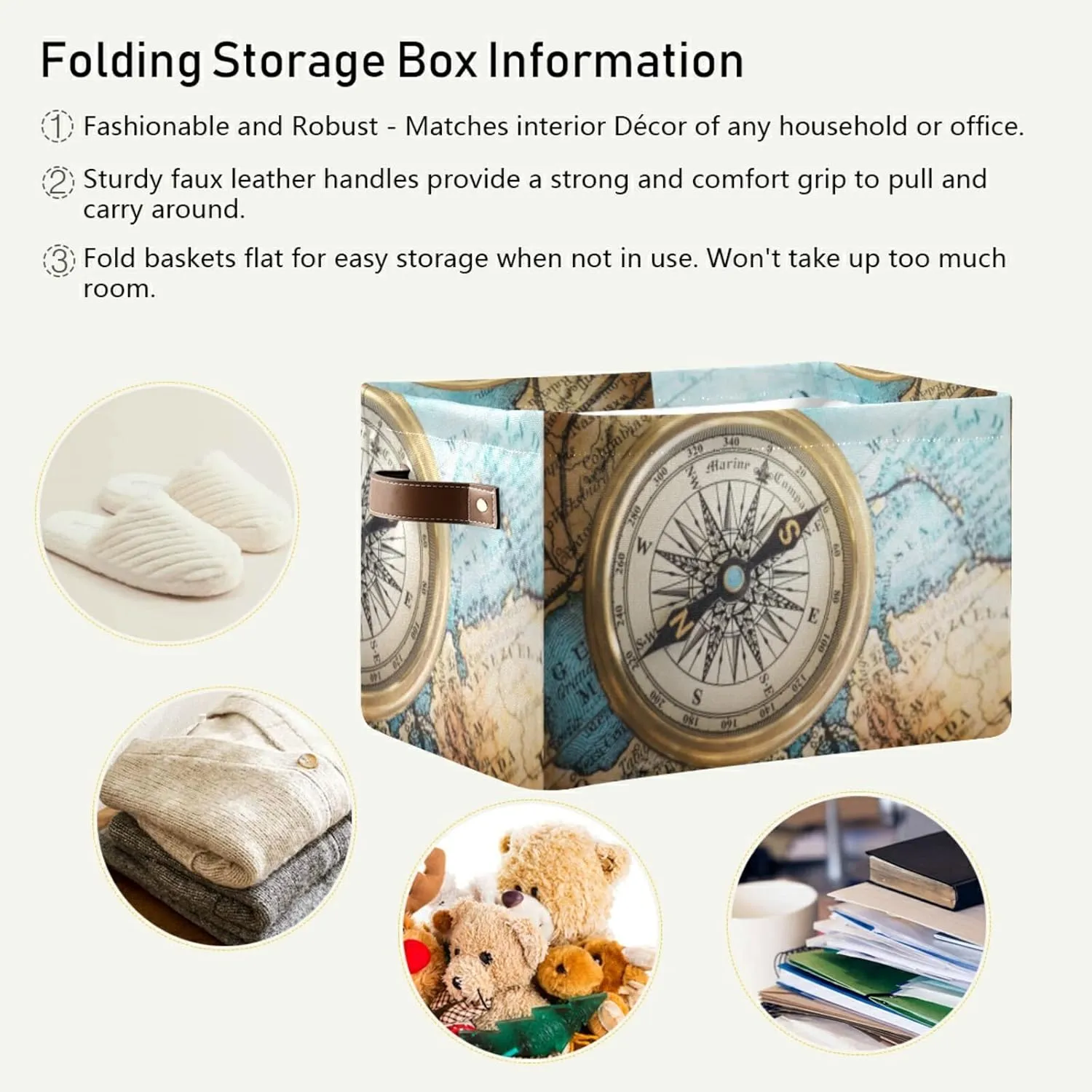 Oyihfvs Old Retro Compass on Old Map Travel Geography Navigation 2 PC Rectangle Storage Basket Collapsible Fabric with Leather Handles Bag Organizer Clothes for Home Bedroom 15 x 11 x 9.5 in