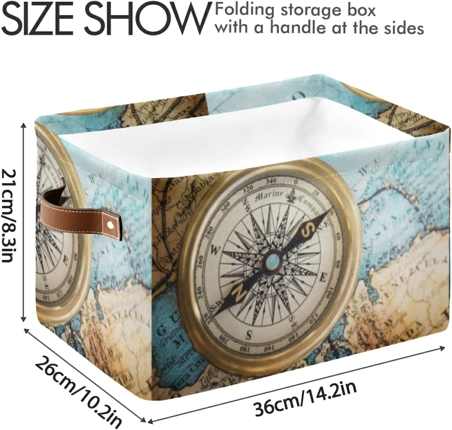 Oyihfvs Old Retro Compass on Old Map Travel Geography Navigation 2 PC Rectangle Storage Basket Collapsible Fabric with Leather Handles Bag Organizer Clothes for Home Bedroom 15 x 11 x 9.5 in