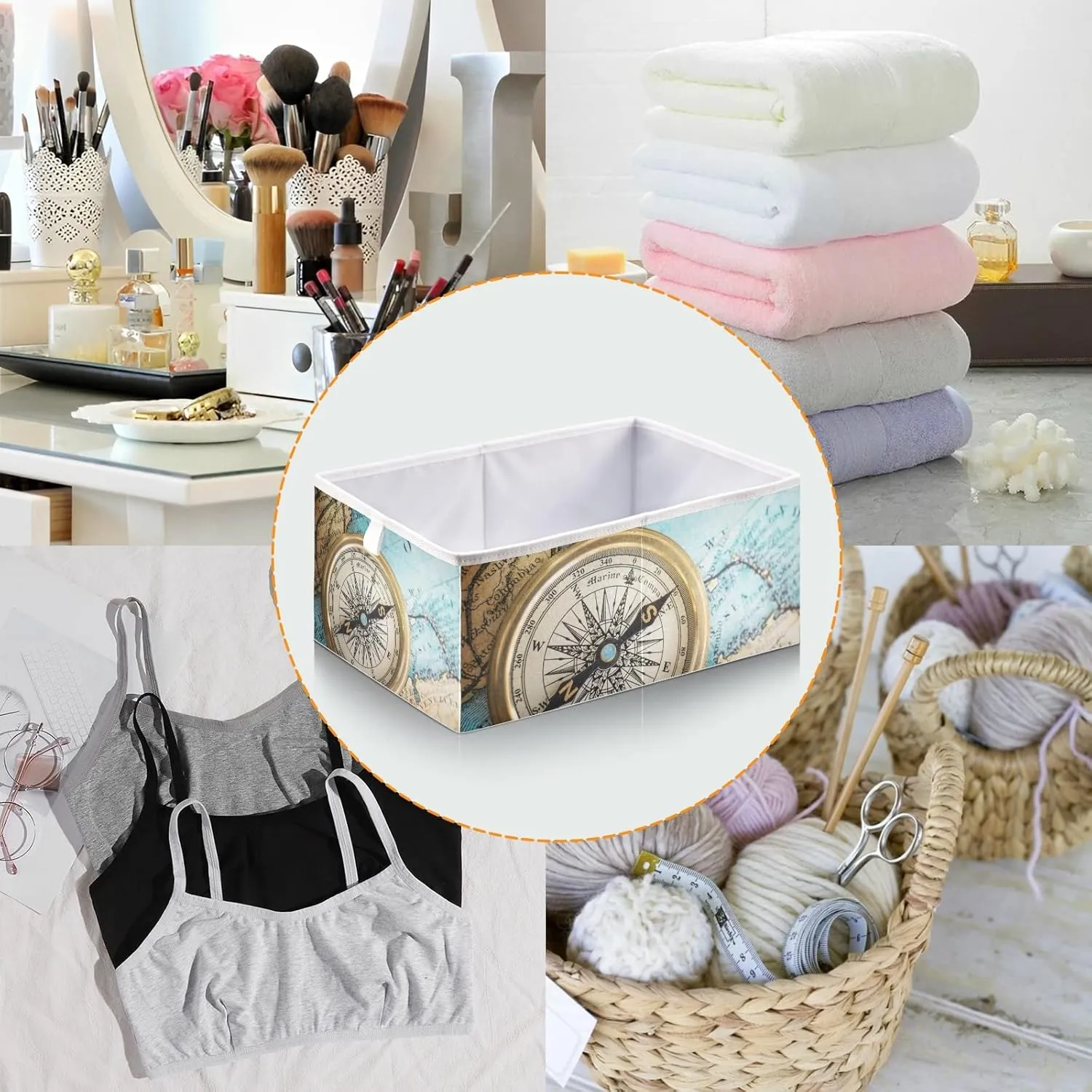 Oyihfvs Old Retro Compass on Old Map Travel Geography Navigation Square Foldable Cube Storage Basket Collapsible Fabric with Handles Bag Organizer Clothes for Home Bedroom 11 x 11 x 11 in