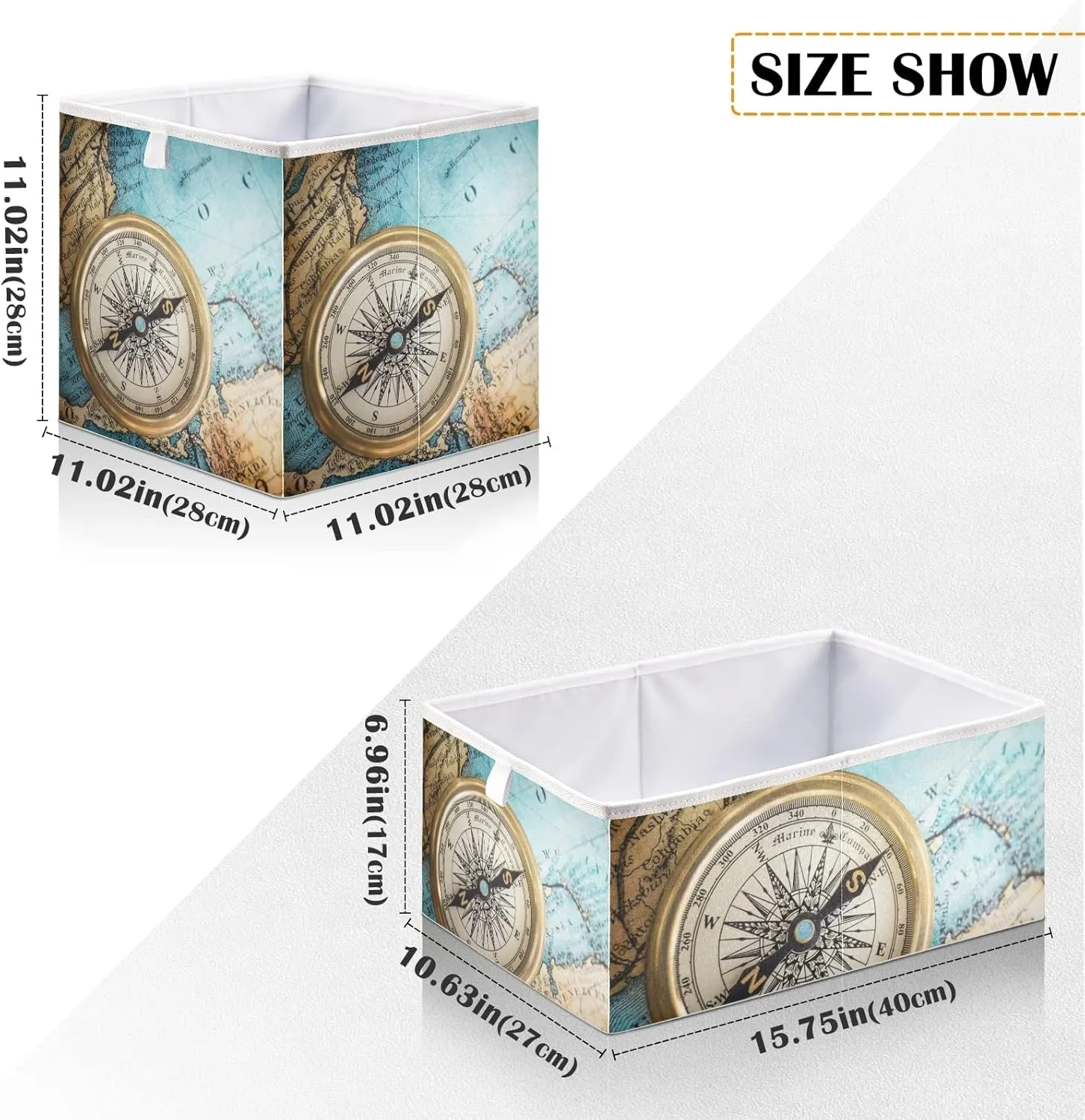 Oyihfvs Old Retro Compass on Old Map Travel Geography Navigation Square Foldable Cube Storage Basket Collapsible Fabric with Handles Bag Organizer Clothes for Home Bedroom 11 x 11 x 11 in