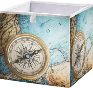 Oyihfvs Old Retro Compass on Old Map Travel Geography Navigation Square Foldable Cube Storage Basket Collapsible Fabric with Handles Bag Organizer Clothes for Home Bedroom 11 x 11 x 11 in