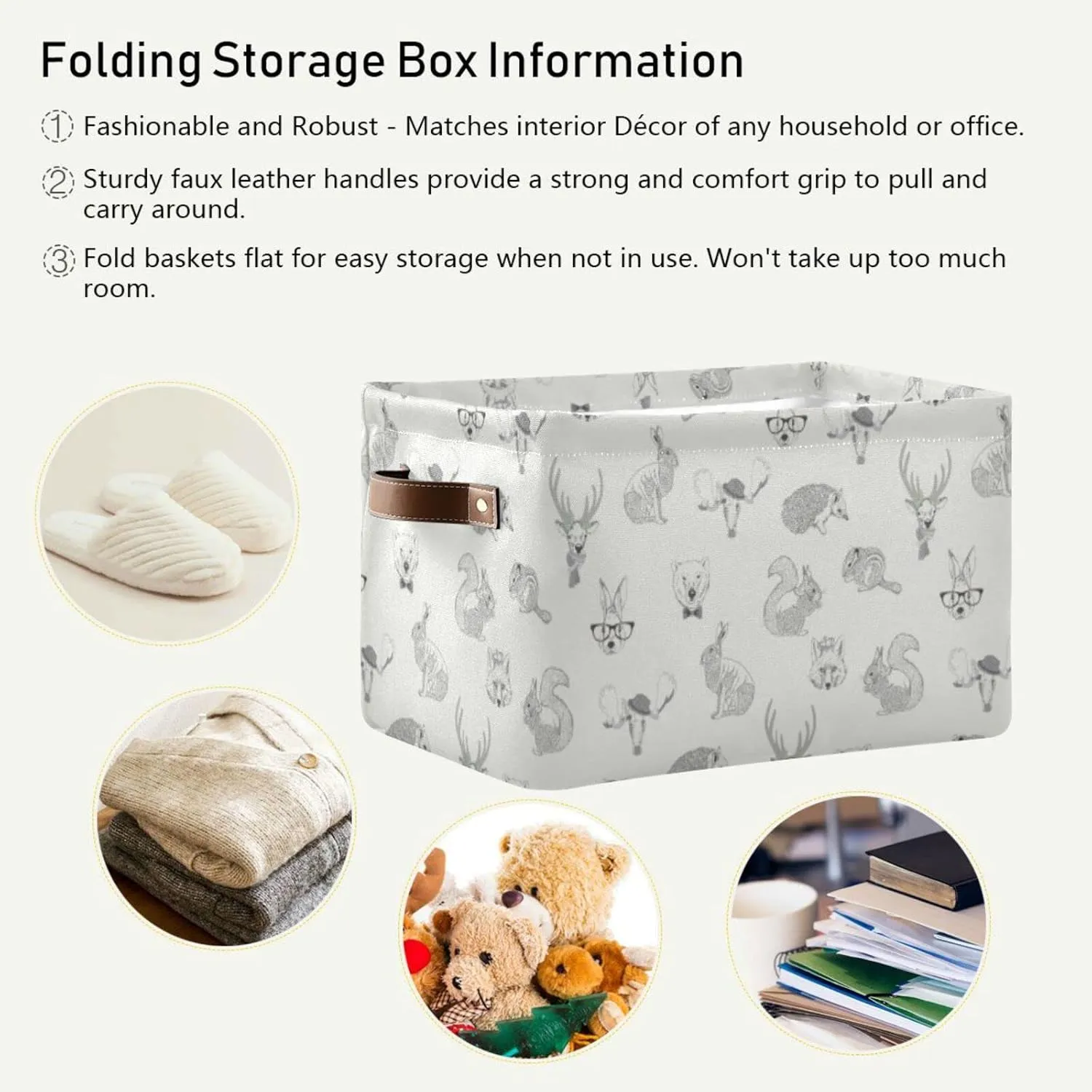 Oyihfvs Rabbit, Hare, Squirrel, Deer, Elk, Squirrel, Hedgehog, Fox, Bear 1 PC Rectangle Storage Basket Collapsible Fabric with Leather Handles Bag Organizer Clothes for Home Bedroom 15 x 11 x 9.5 in