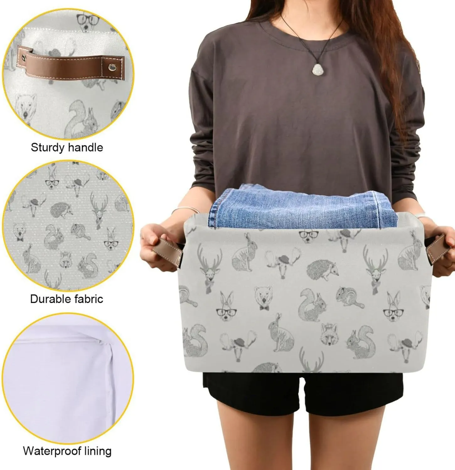 Oyihfvs Rabbit, Hare, Squirrel, Deer, Elk, Squirrel, Hedgehog, Fox, Bear 1 PC Rectangle Storage Basket Collapsible Fabric with Leather Handles Bag Organizer Clothes for Home Bedroom 15 x 11 x 9.5 in