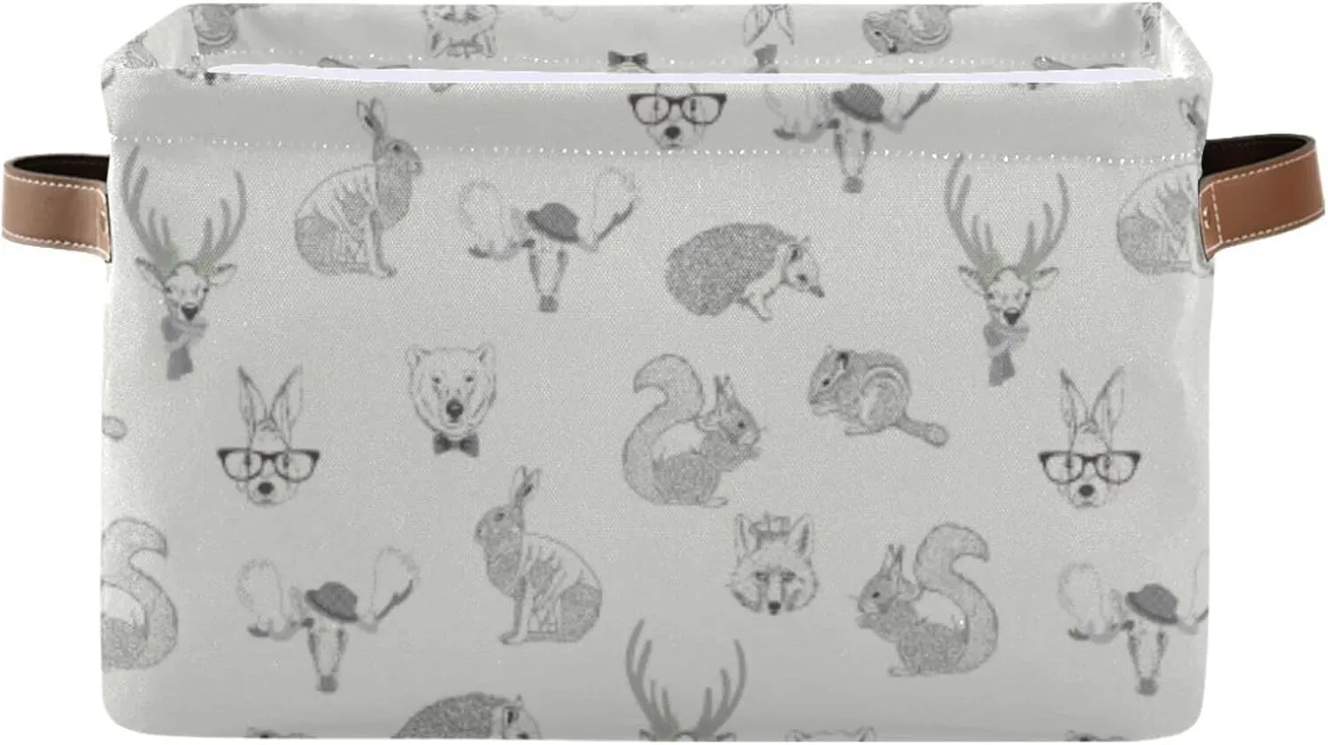 Oyihfvs Rabbit, Hare, Squirrel, Deer, Elk, Squirrel, Hedgehog, Fox, Bear 1 PC Rectangle Storage Basket Collapsible Fabric with Leather Handles Bag Organizer Clothes for Home Bedroom 15 x 11 x 9.5 in