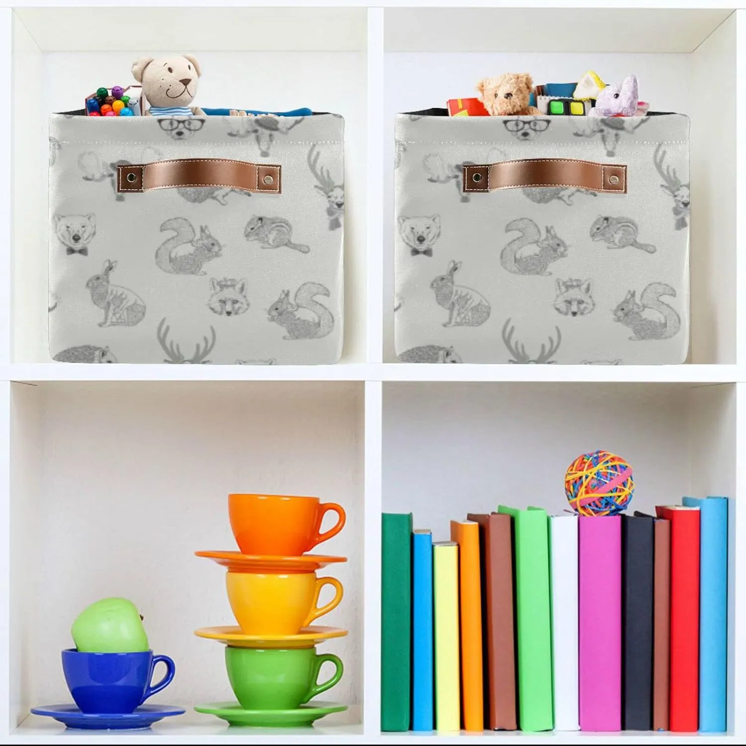 Oyihfvs Rabbit, Hare, Squirrel, Deer, Elk, Squirrel, Hedgehog, Fox, Bear 1 PC Rectangle Storage Basket Collapsible Fabric with Leather Handles Bag Organizer Clothes for Home Bedroom 15 x 11 x 9.5 in