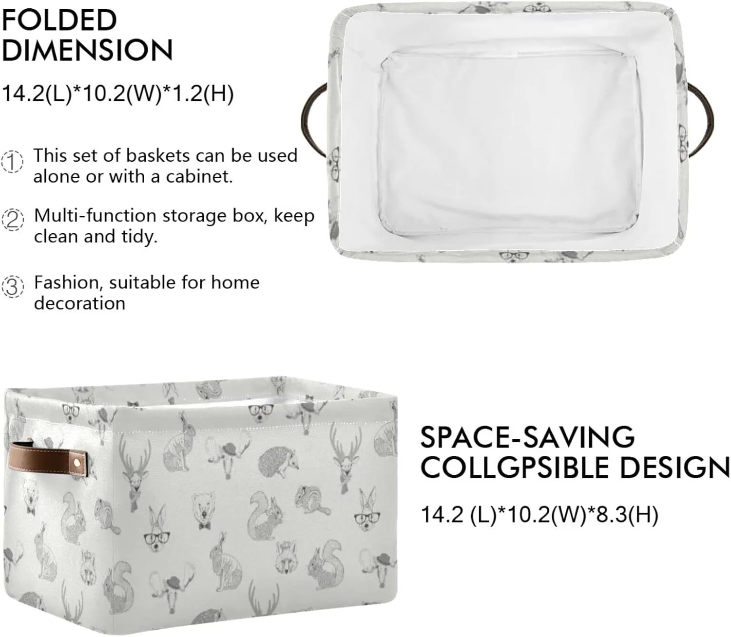 Oyihfvs Rabbit, Hare, Squirrel, Deer, Elk, Squirrel, Hedgehog, Fox, Bear 1 PC Rectangle Storage Basket Collapsible Fabric with Leather Handles Bag Organizer Clothes for Home Bedroom 15 x 11 x 9.5 in