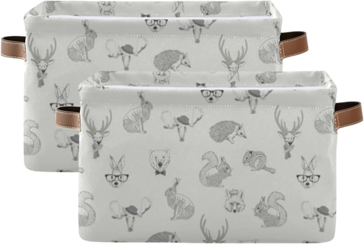 Oyihfvs Rabbit, Hare, Squirrel, Deer, Elk, Squirrel, Hedgehog, Fox, Bear 1 PC Rectangle Storage Basket Collapsible Fabric with Leather Handles Bag Organizer Clothes for Home Bedroom 15 x 11 x 9.5 in