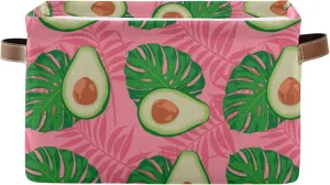 Oyihfvs Seamless Exotic Avocado Slices Leaves On Pink 2 PC Rectangle Storage Basket Collapsible Fabric with Leather Handles Bag Organizer Clothes for Home Bedroom 15 x 11 x 9.5 in