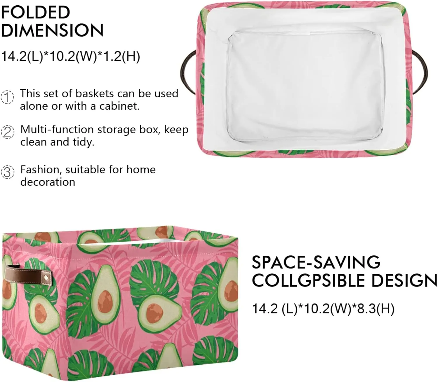 Oyihfvs Seamless Exotic Avocado Slices Leaves On Pink 2 PC Rectangle Storage Basket Collapsible Fabric with Leather Handles Bag Organizer Clothes for Home Bedroom 15 x 11 x 9.5 in