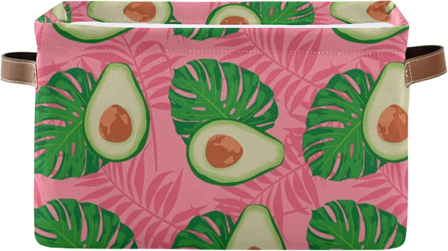 Oyihfvs Seamless Exotic Avocado Slices Leaves On Pink 2 PC Rectangle Storage Basket Collapsible Fabric with Leather Handles Bag Organizer Clothes for Home Bedroom 15 x 11 x 9.5 in