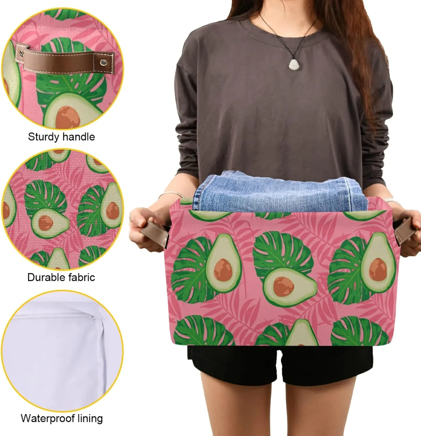 Oyihfvs Seamless Exotic Avocado Slices Leaves On Pink 2 PC Rectangle Storage Basket Collapsible Fabric with Leather Handles Bag Organizer Clothes for Home Bedroom 15 x 11 x 9.5 in