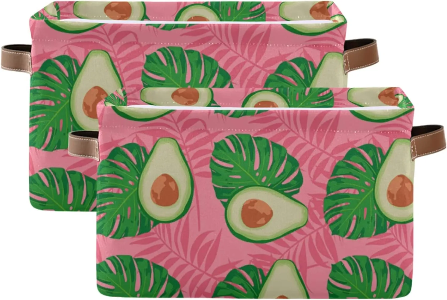Oyihfvs Seamless Exotic Avocado Slices Leaves On Pink 2 PC Rectangle Storage Basket Collapsible Fabric with Leather Handles Bag Organizer Clothes for Home Bedroom 15 x 11 x 9.5 in