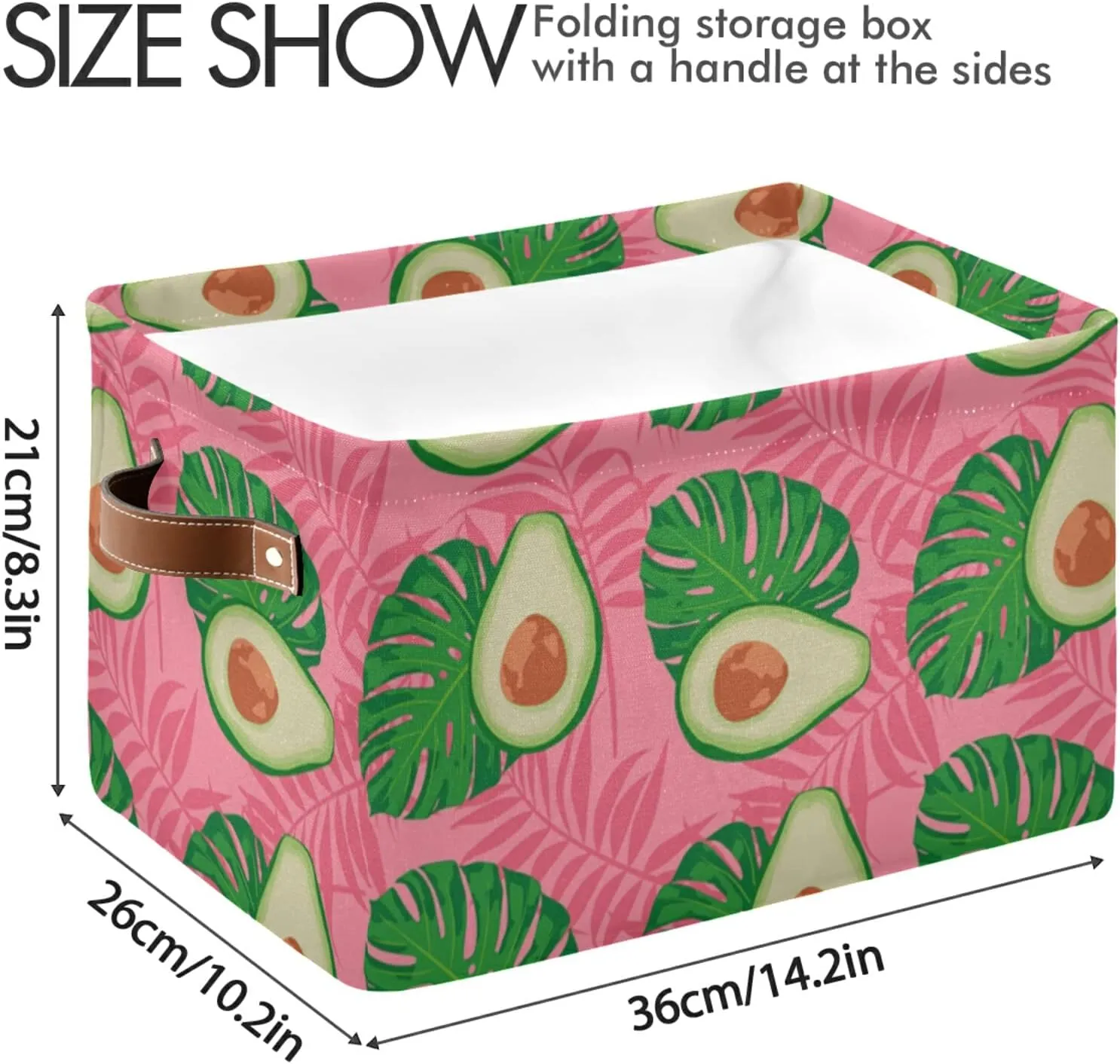 Oyihfvs Seamless Exotic Avocado Slices Leaves On Pink 2 PC Rectangle Storage Basket Collapsible Fabric with Leather Handles Bag Organizer Clothes for Home Bedroom 15 x 11 x 9.5 in