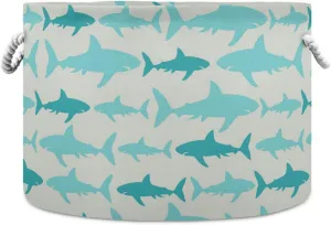Oyihfvs Turquoise Sharks Seamless Pattern Vintage Style Round Storage Basket Waterproof Print Collapsible Fabric Cube with Cotton Rope Handles Laundry Bag Organizer Toys Clothes for Room
