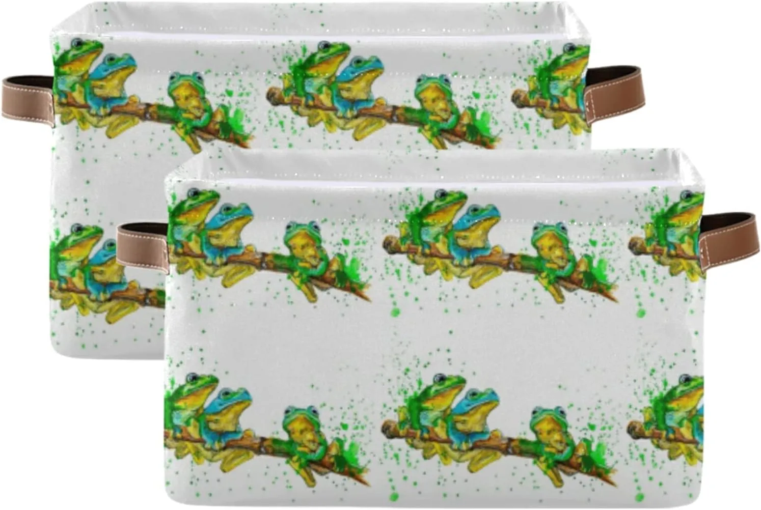 Oyihfvs Watercolor Exotic Green Frogs with Splashes on White 2 PC Rectangle Storage Basket Collapsible Fabric with Leather Handles Bag Organizer Clothes for Home Bedroom 15 x 11 x 9.5 in